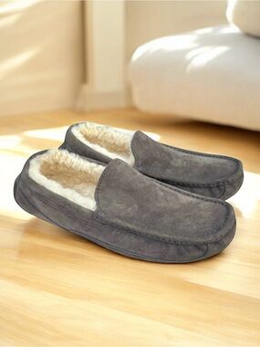 UGG Ascot Slipper Grey Suede Shearling Moccasin Mens
